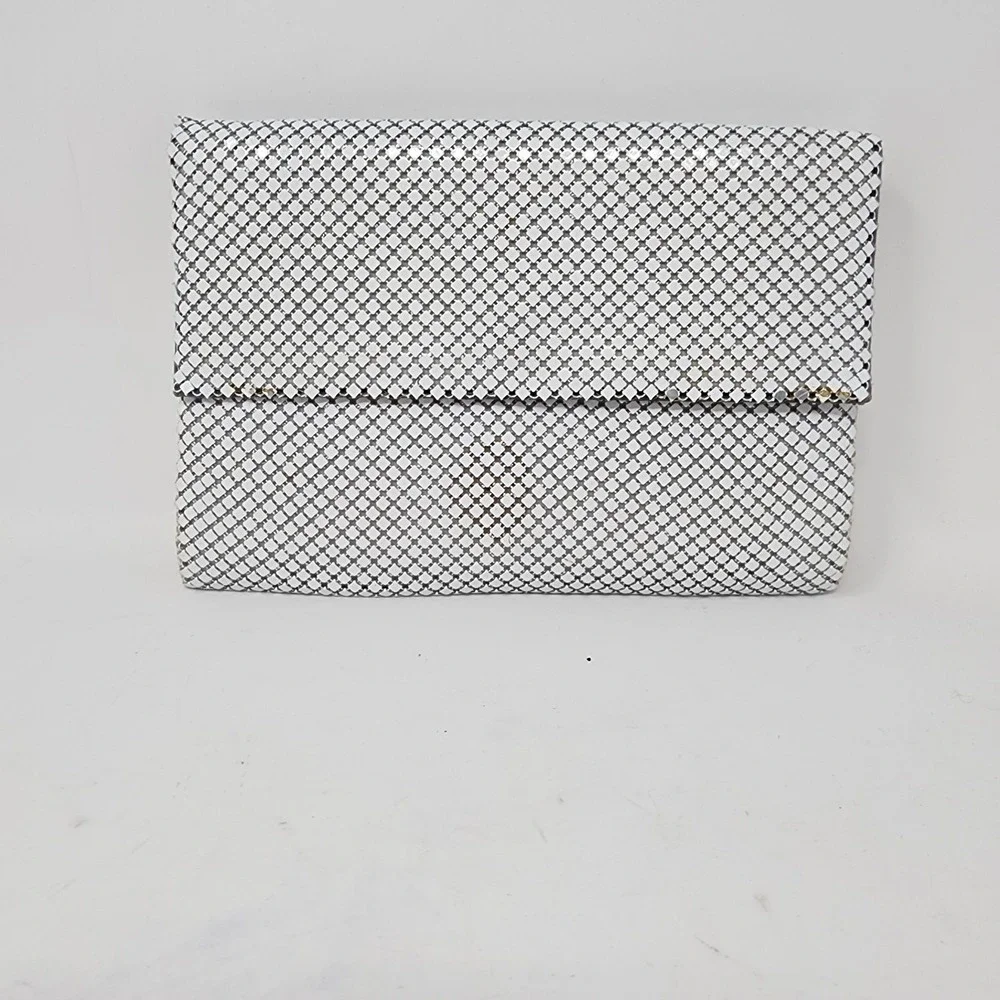 Whiting And Davis International White Metal Mesh Clutch Purse Crossbody‎ Bag VTG
